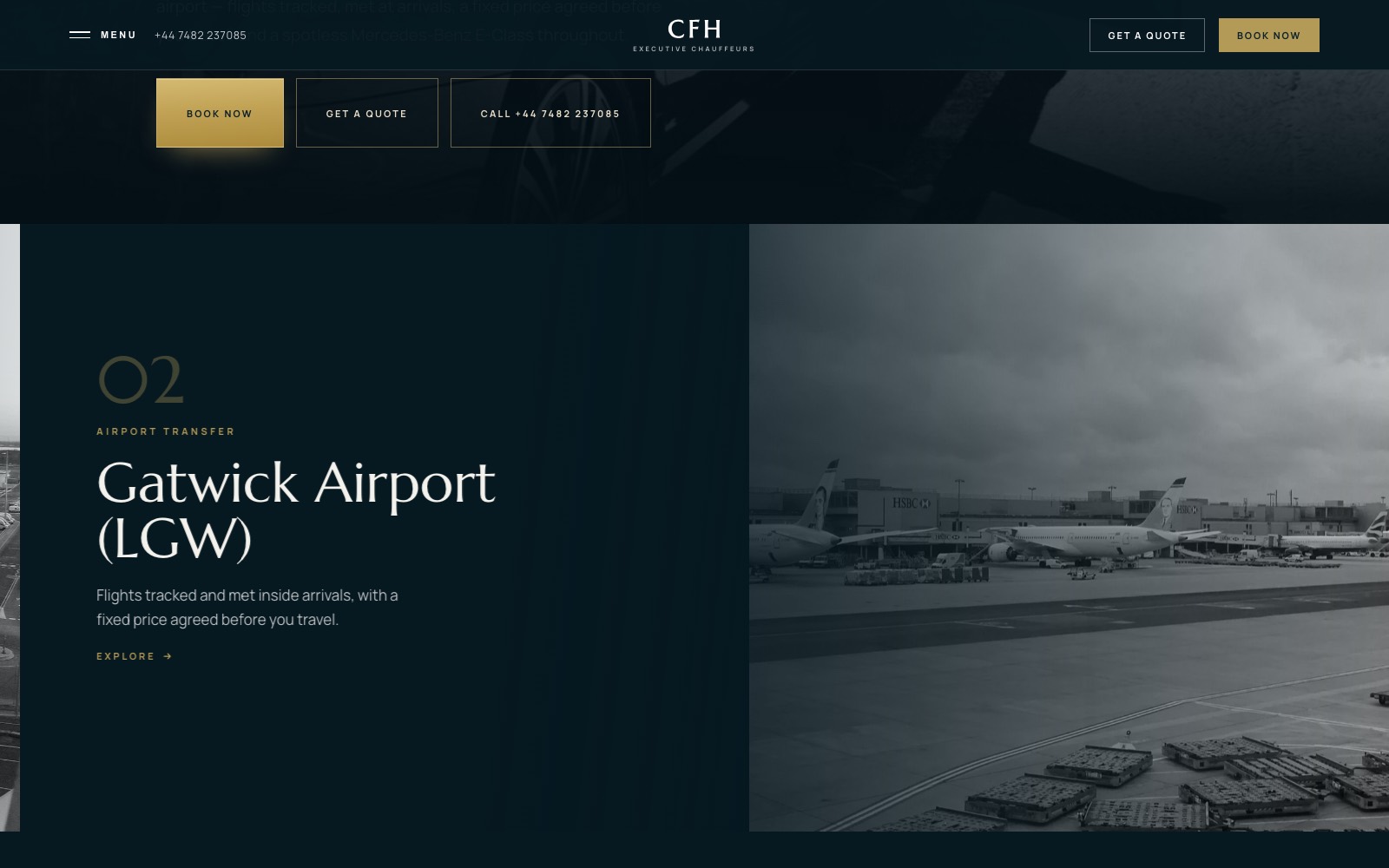 CFH airport transfers page covering Gatwick and other UK airports