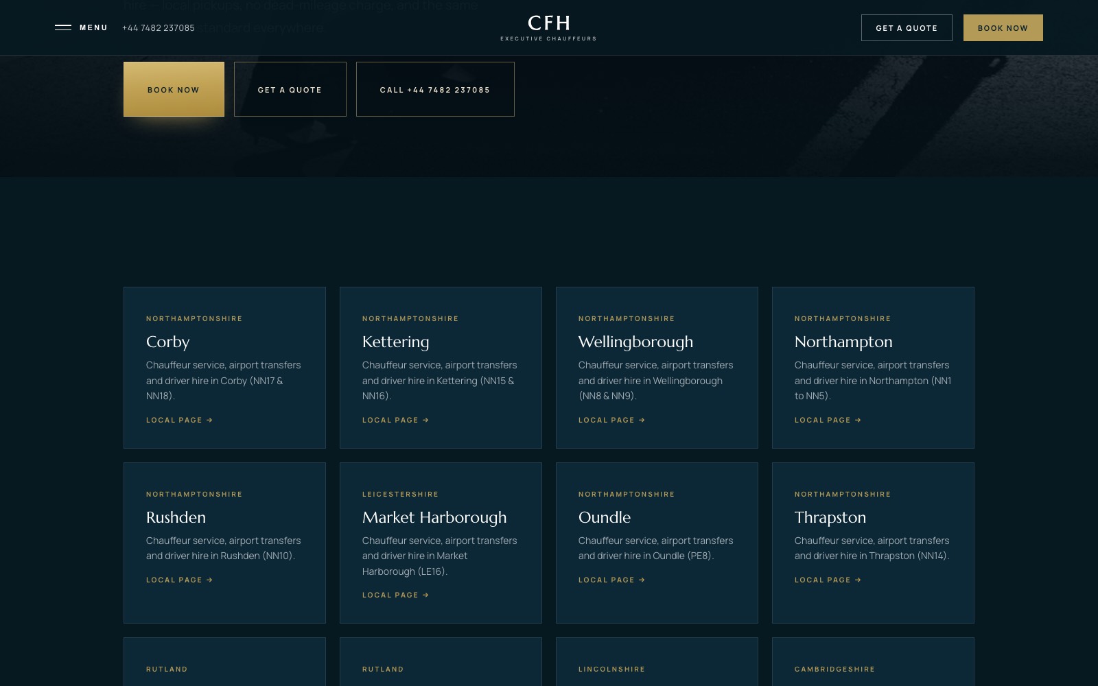 CFH areas covered page listing chauffeur service pages for towns across Northamptonshire