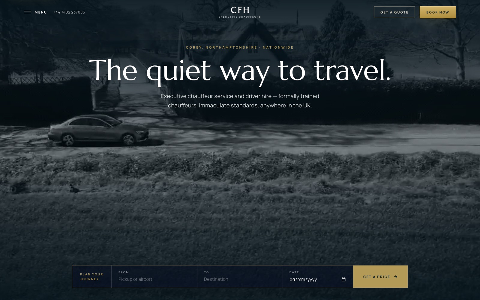 Website homepage designed for CFH Executive Chauffeurs, an executive chauffeur and driver-hire service in Corby, Northamptonshire
