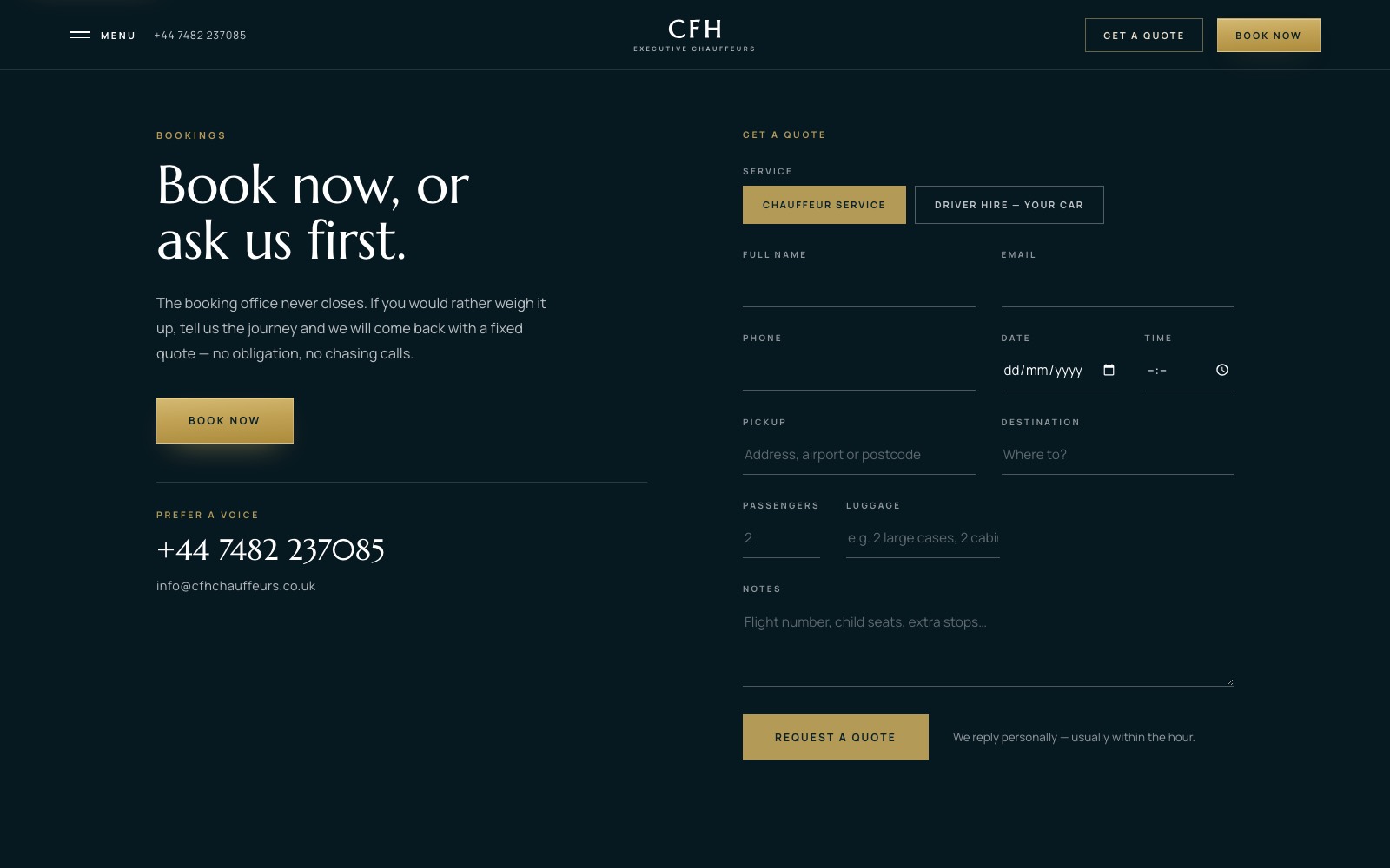 CFH fixed-price quote request form with pickup, destination, passengers and luggage fields