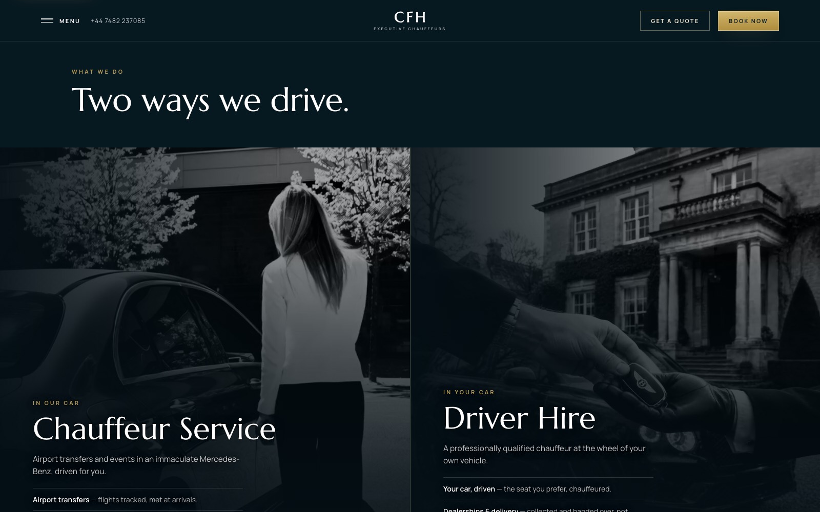 CFH website section comparing the chauffeur service and driver hire options