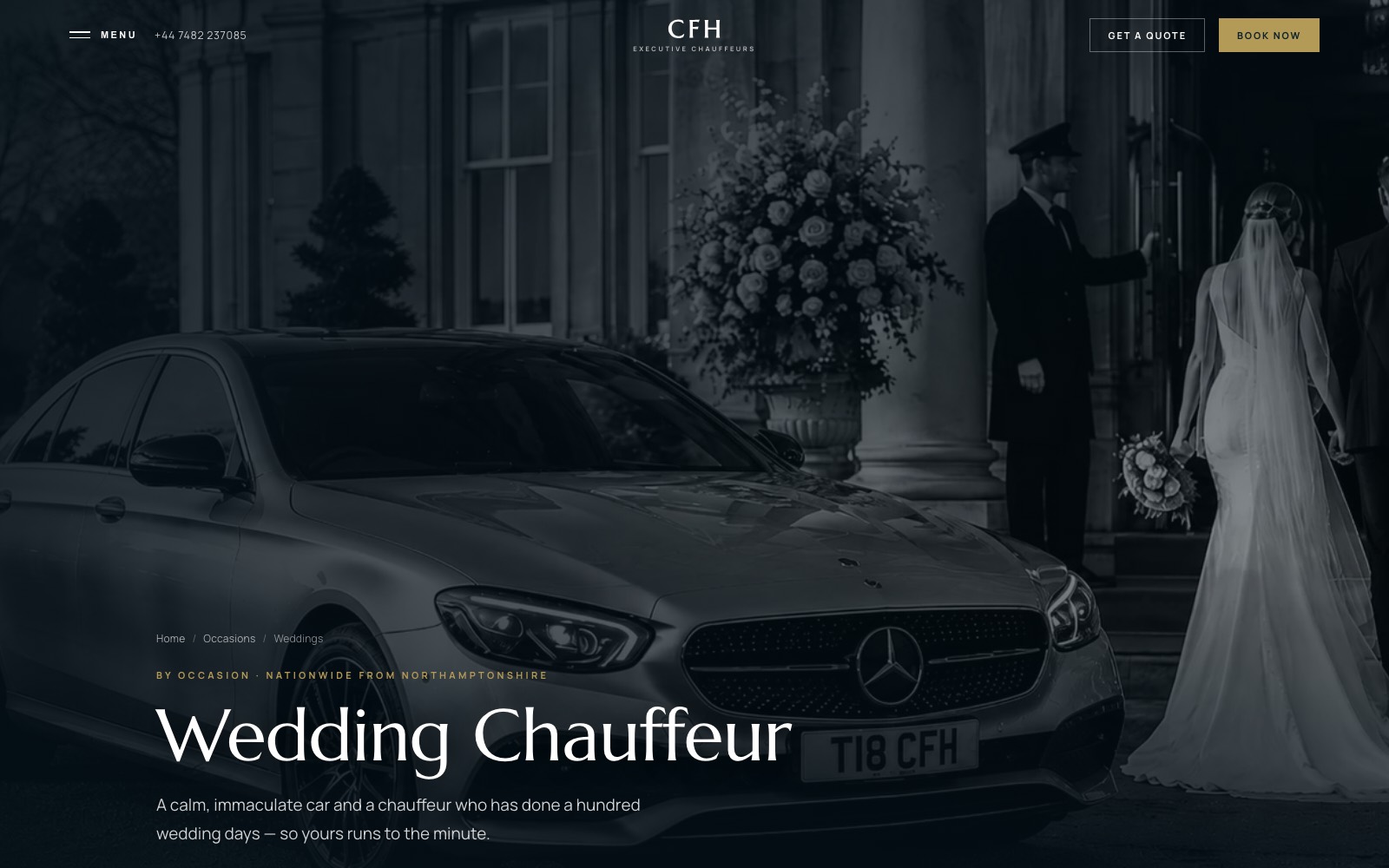 CFH wedding chauffeur page showing a Mercedes saloon outside a wedding venue