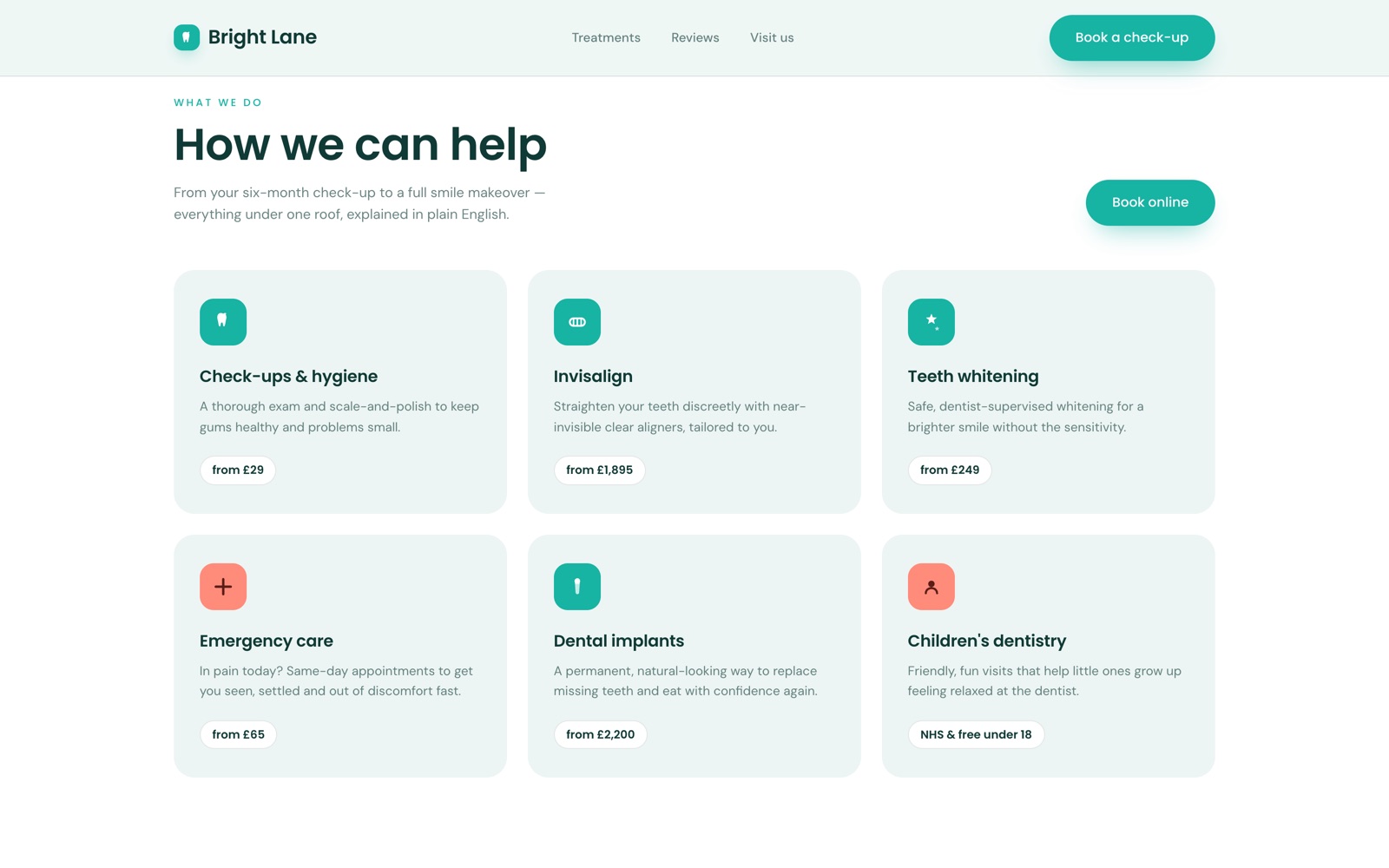 Concept dental practice treatments page