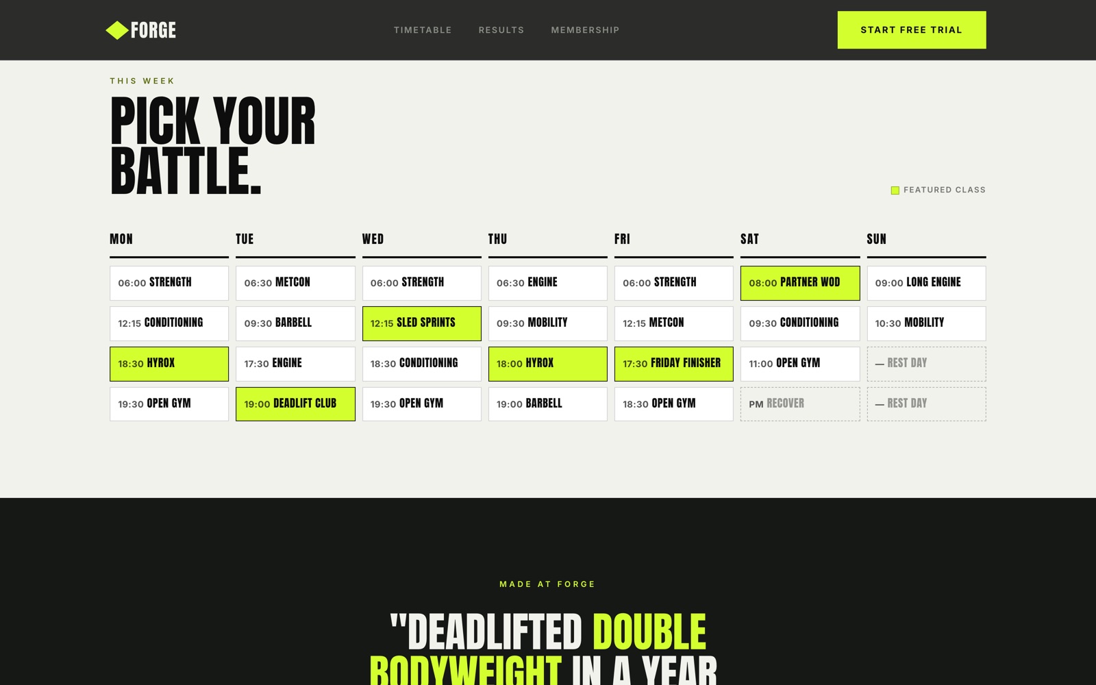 Concept gym class timetable page