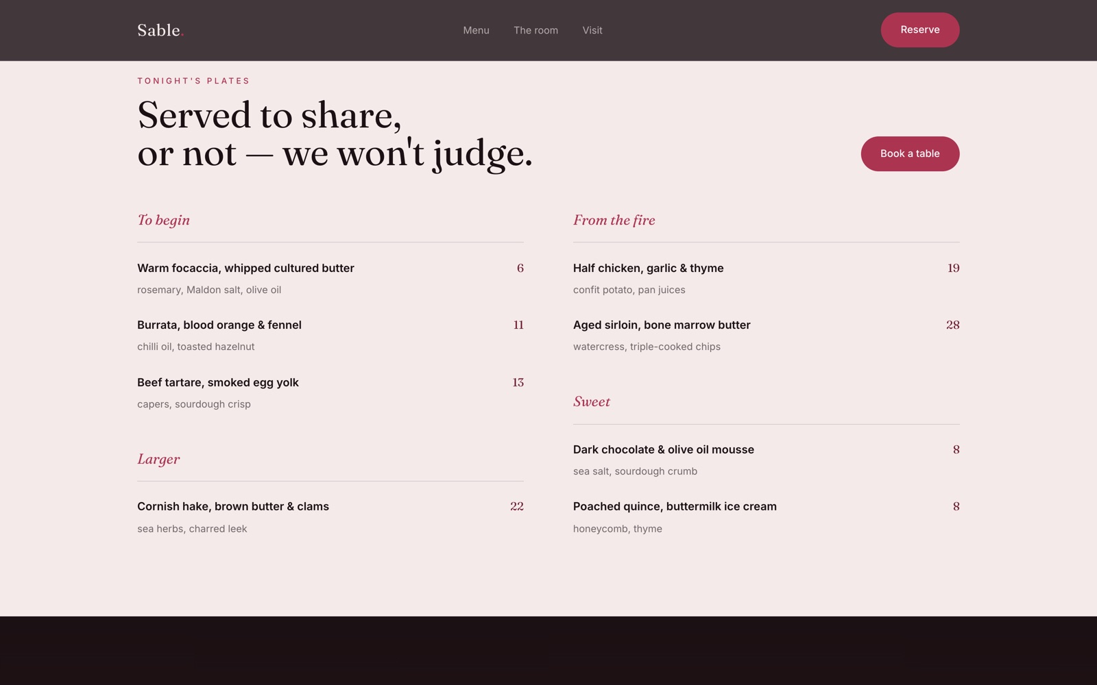 Forno 70 concept restaurant menu page