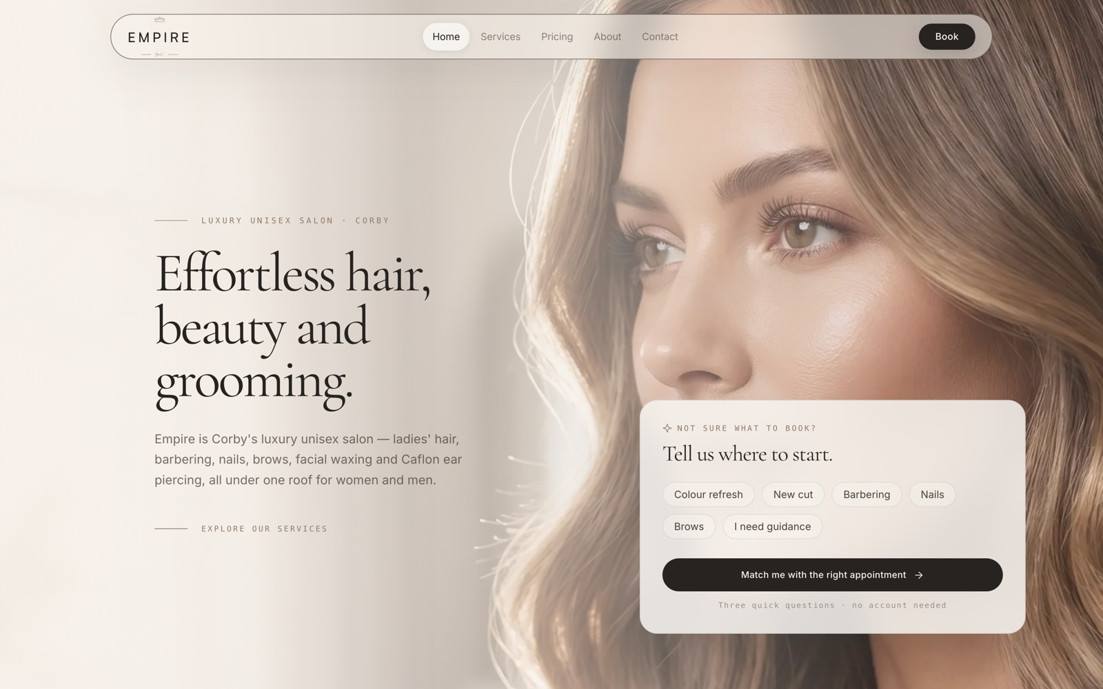 Website homepage designed for Empire Beauty Salon in Corby