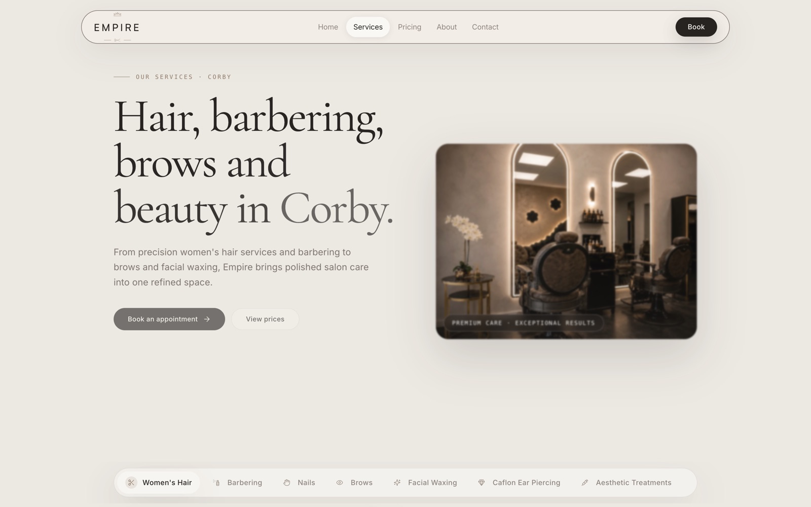Empire Beauty Salon treatments and services page