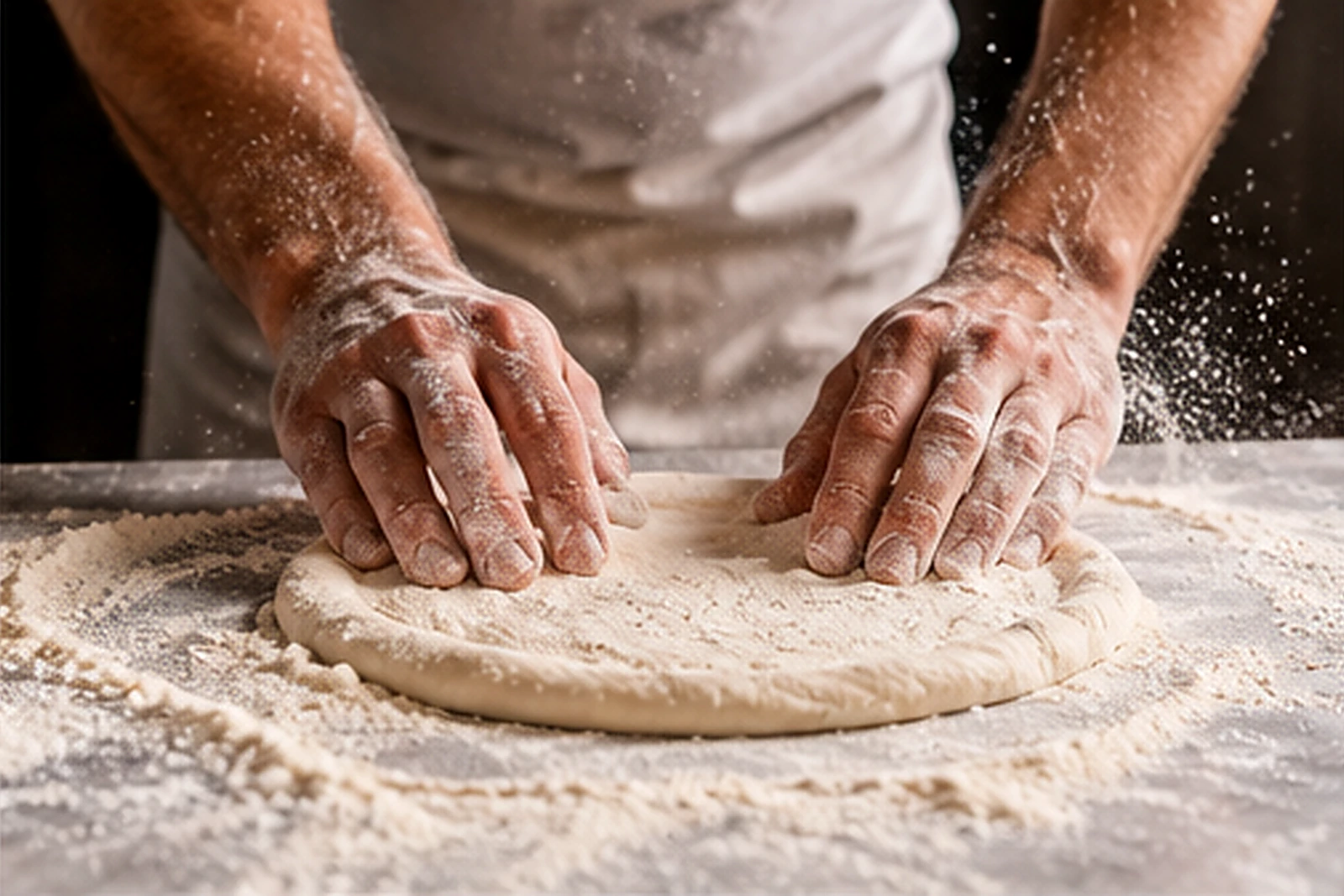 A baker opening a ball of 48-hour sourdough by hand