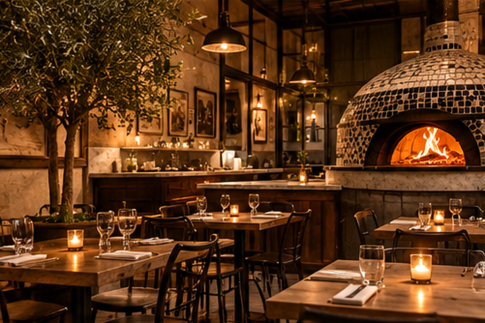 The low-lit FORNO 70 dining room built around the oven